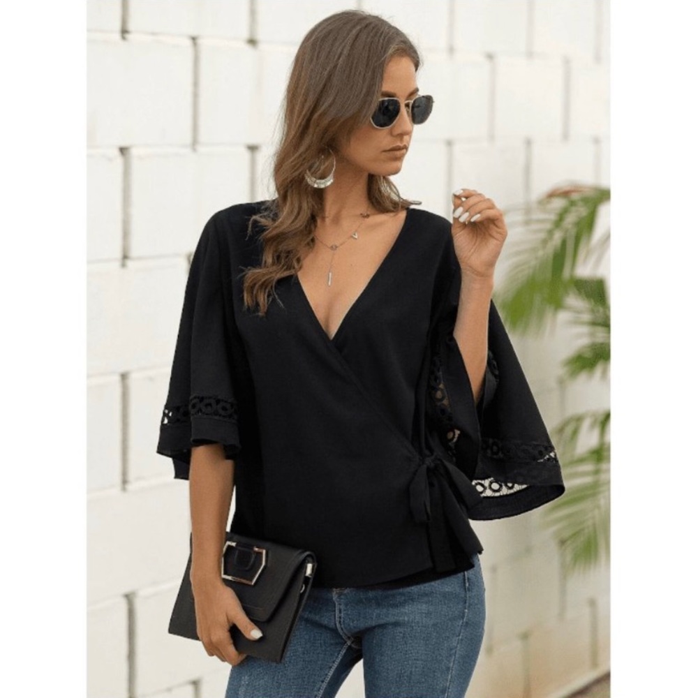 SHEIN : Fun and Flirty Black Bell Sleeve V Neck Top